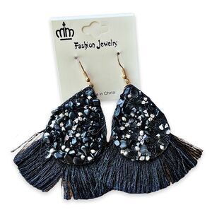 MM Fashion Jewelry Black Studded Faux Leather Teardrop and Tassel Earrings NWOT
